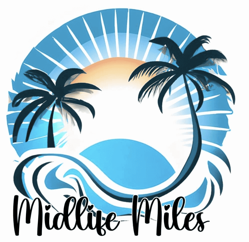 Logo with palm trees and swirls.