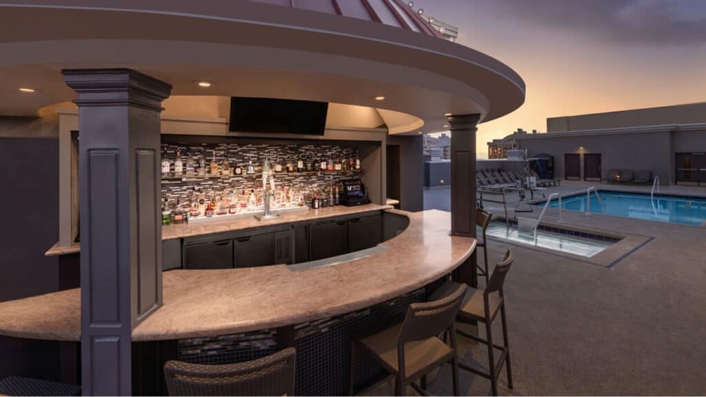 Close up of the bar on the 38th floor, next to the rooftop pool.