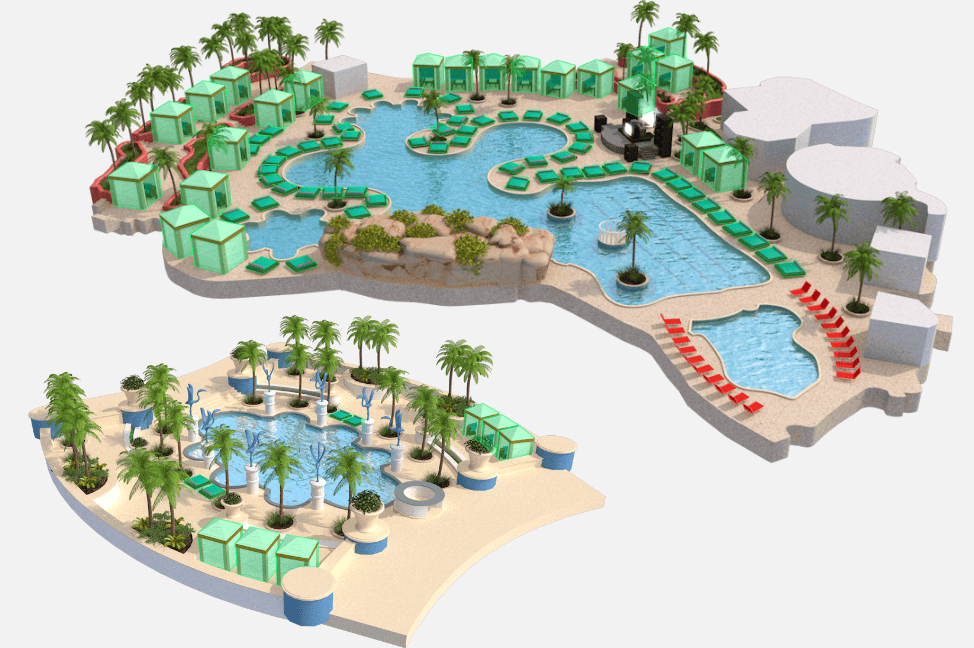 Map Of Pool decks showing pools, trees and seating.