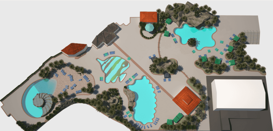 Aerial map of the Rio pool deck.  The 4 pools and seating areas are shown.