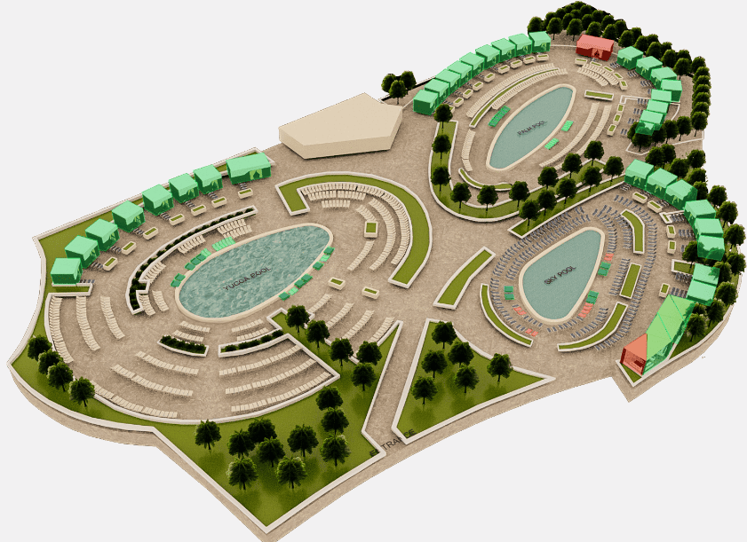 Aria Pool Map showing the three elliptical shaped pools and surrounding seating. 