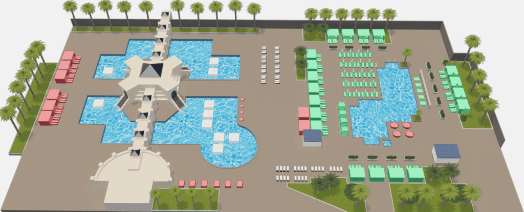 Map showing locations of the Luxor pools and seating.