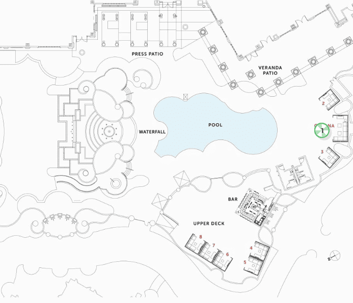 Map showing shape and location of pool, bar cabanas and waterfall.