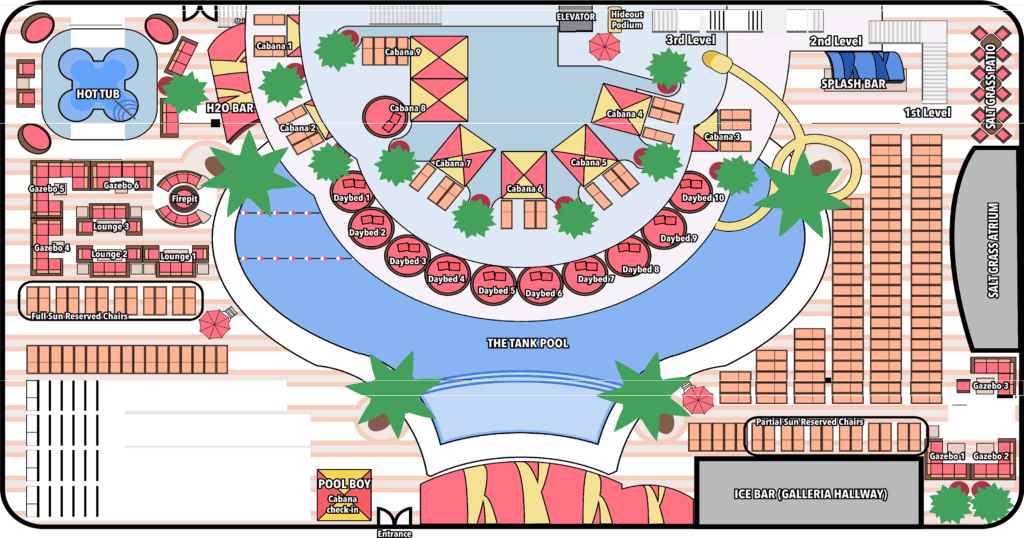Shark Tank Pool Map showing shape pf the pool and the locations of loungers,cabanas and daybeds.