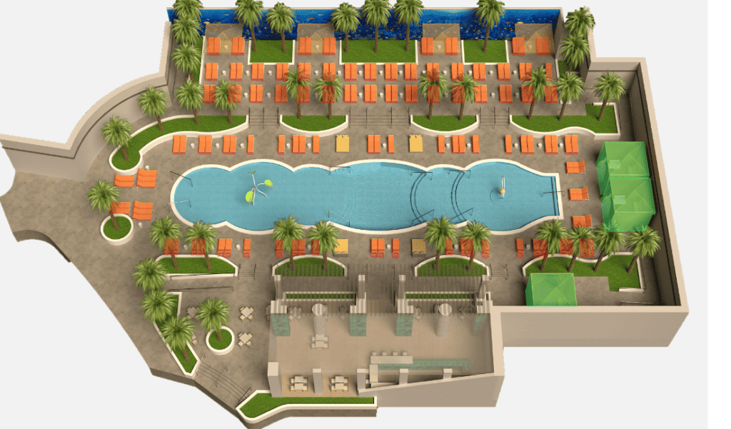 Family Pool map showing irregular shaped pool along with lounger and cabana locations.