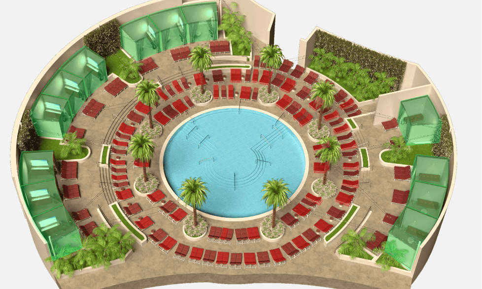 Cabana Pool map showing circular pool with red loungers around the perimeter  and cabanas along one side.