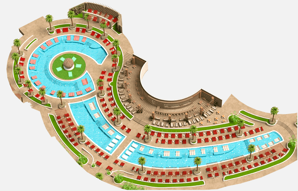 Map showing the three pools which make the Main Pool deck area. Seating locations around the pool are shown