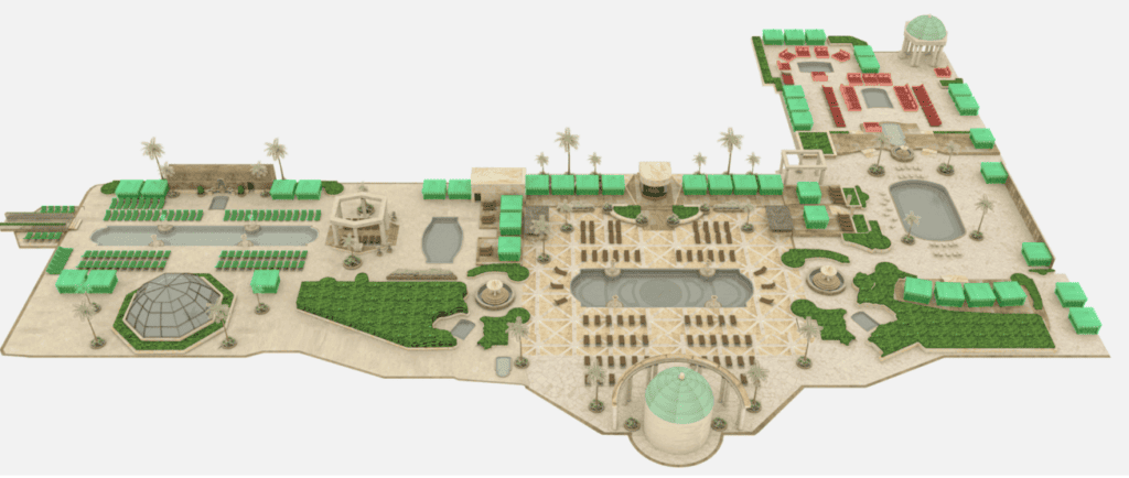 Palazzo Pool Deck Map showing shape and location of the pools. Seating locations are also shown.