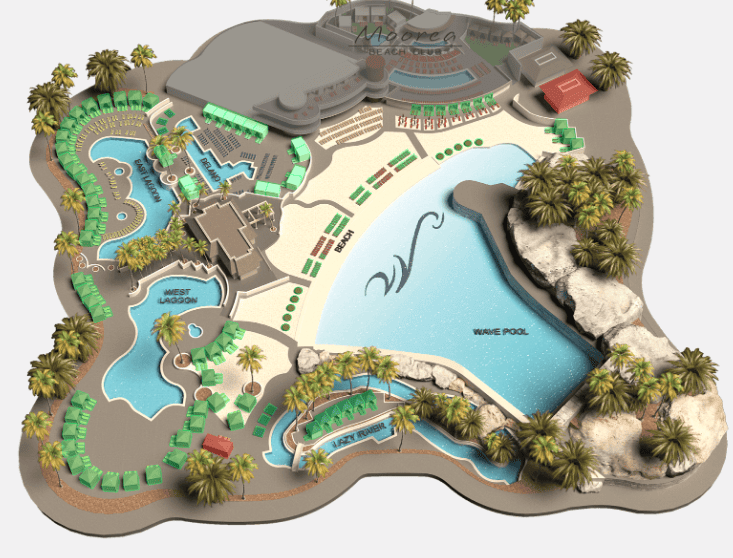 Map showing realive size and location of the four pools and lazy river.