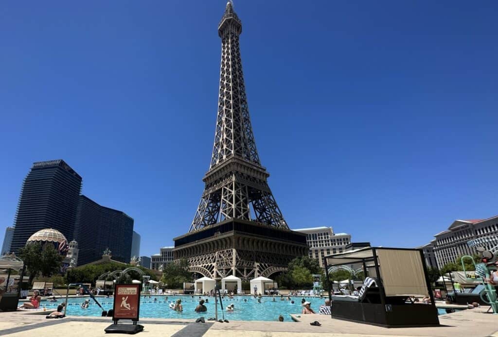 Pool with replica Eiffel Tower in the background