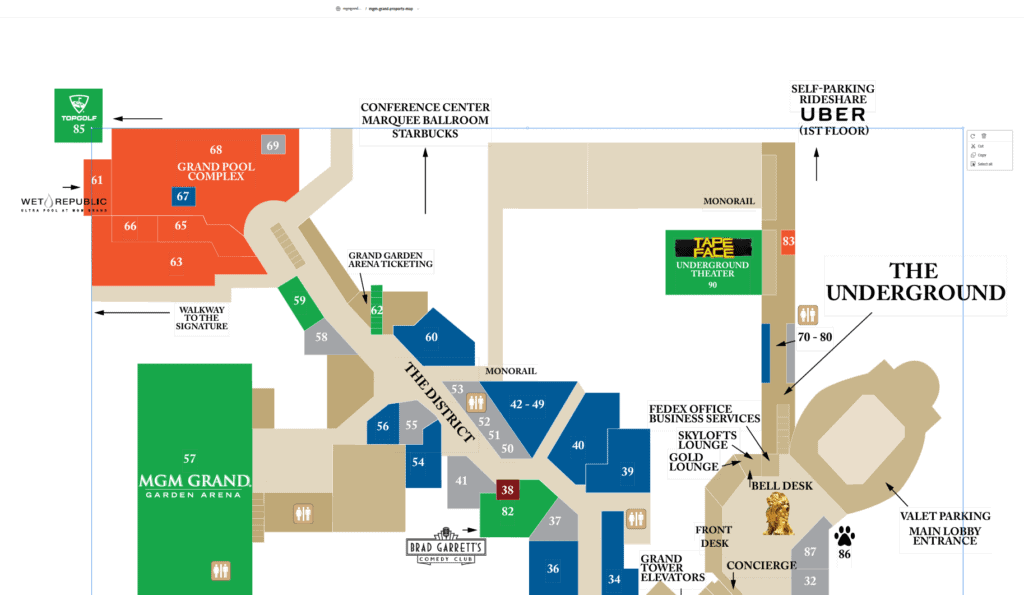 Map showing location of Wet Republic pool in relation to MGM casino.