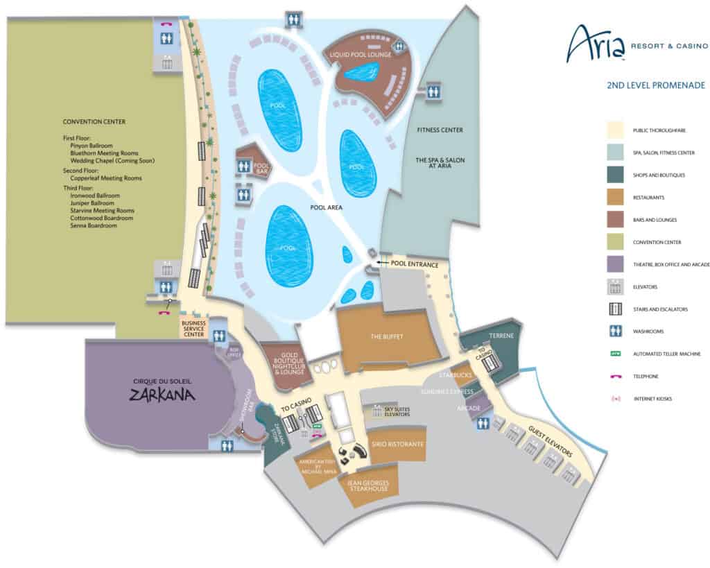 Pool deck map showing location of Liquid Day Lounge in relation to the Aria pools.