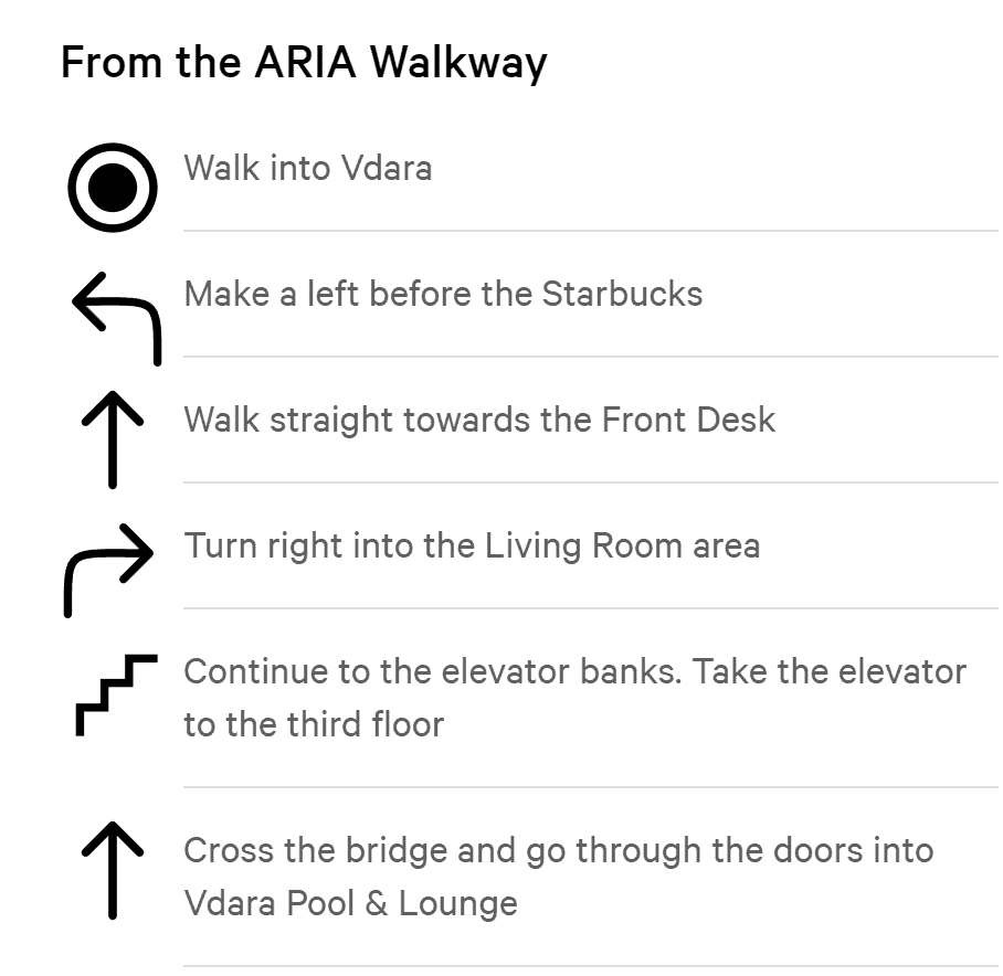 Walking directions to pool deck from Aria Walkway.