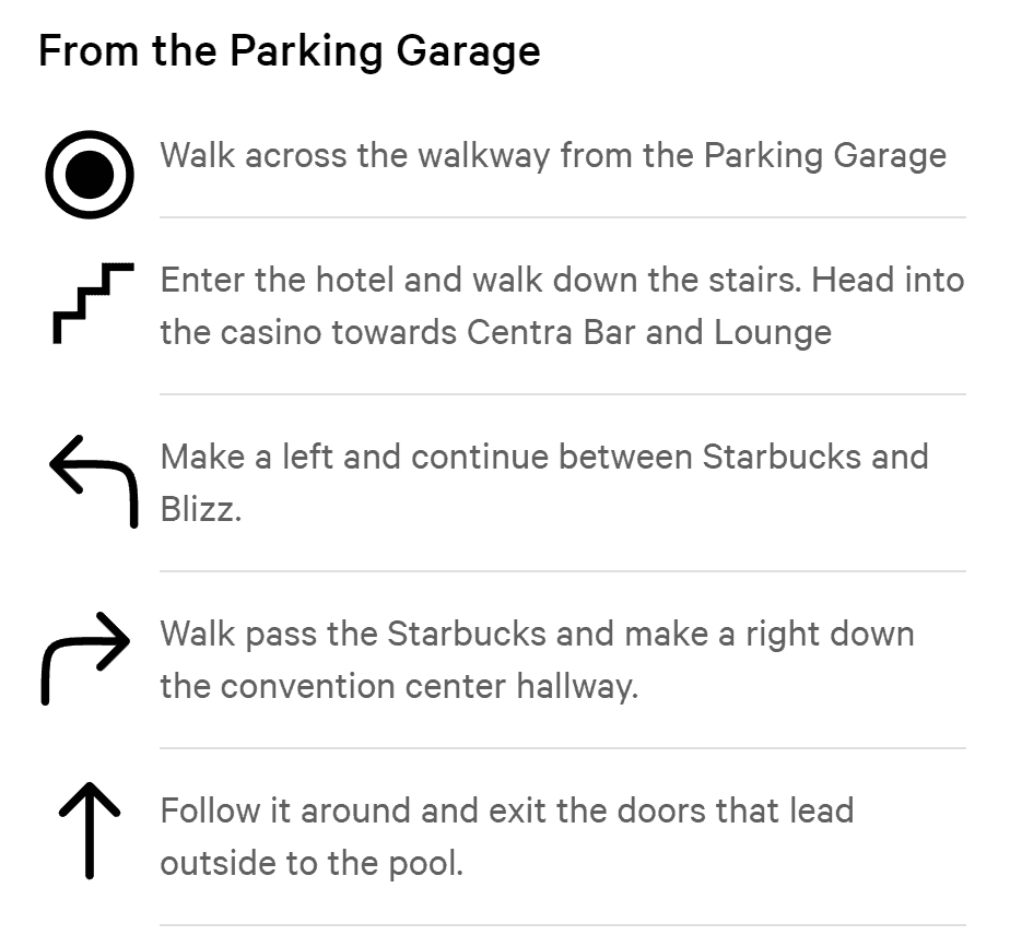 Walking directions from the garage to the pool deck.