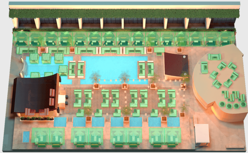 Pool deck map showing reserved seating locations around the pool.