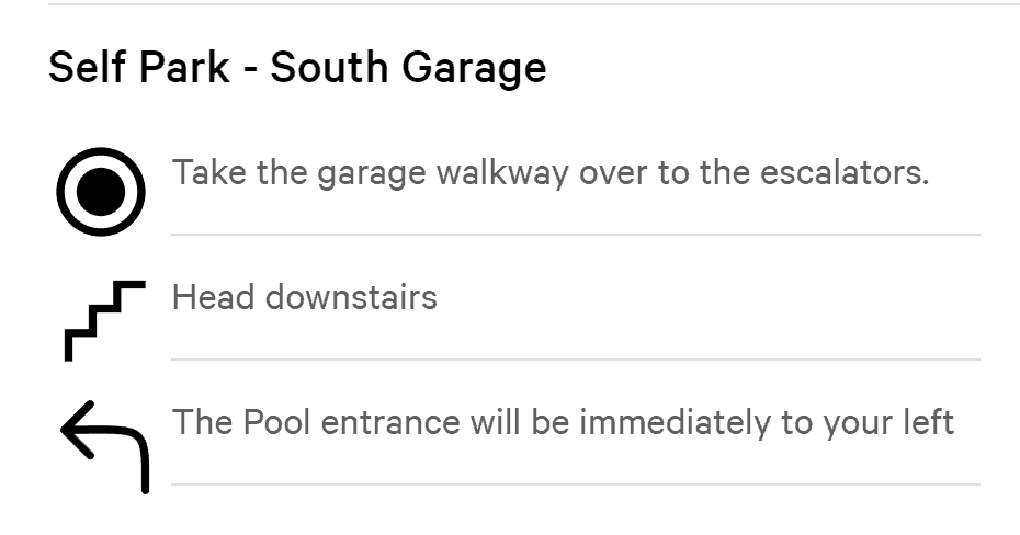 Walking directions from the garage to the pool deck.