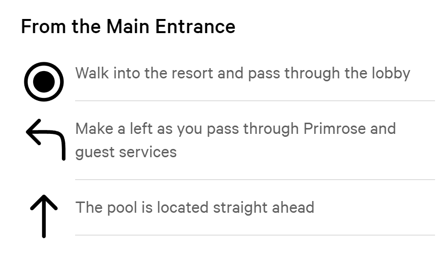 Walking directions from the main entrance to the pool deck.