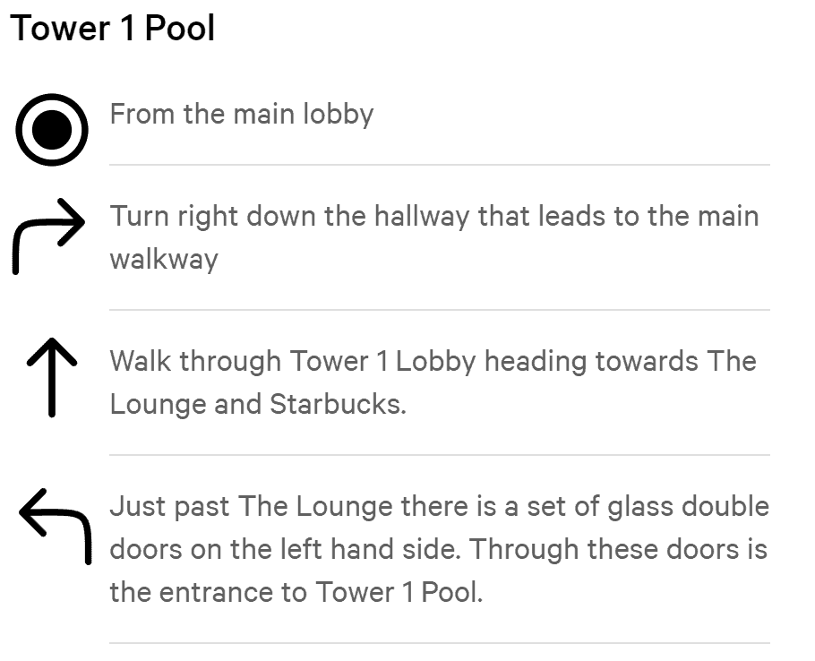 Walking directions to Tower 1 Pool.
